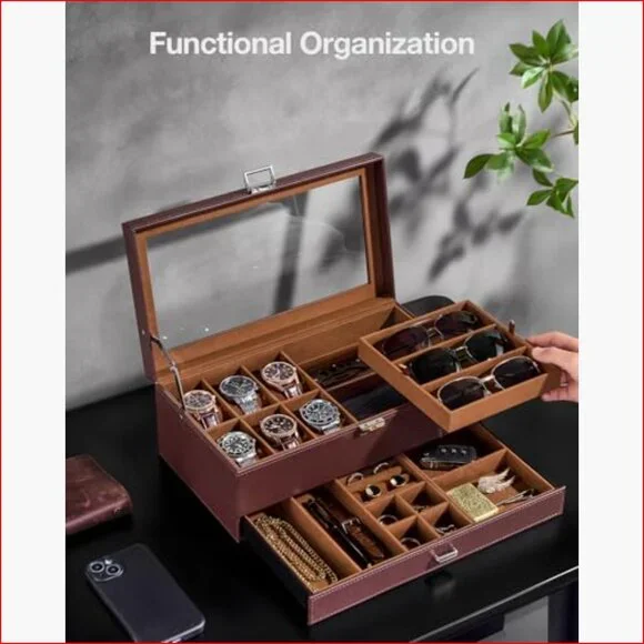 Lockable Watch Case with PU Leather, 6 Slots and Sunglasses Storage